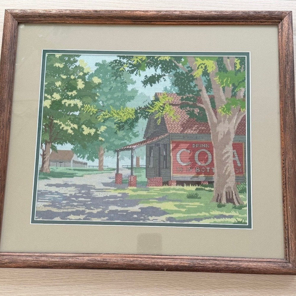 Vintage Framed Cross Stitch Art Americana Rural Landscape Cola Sign